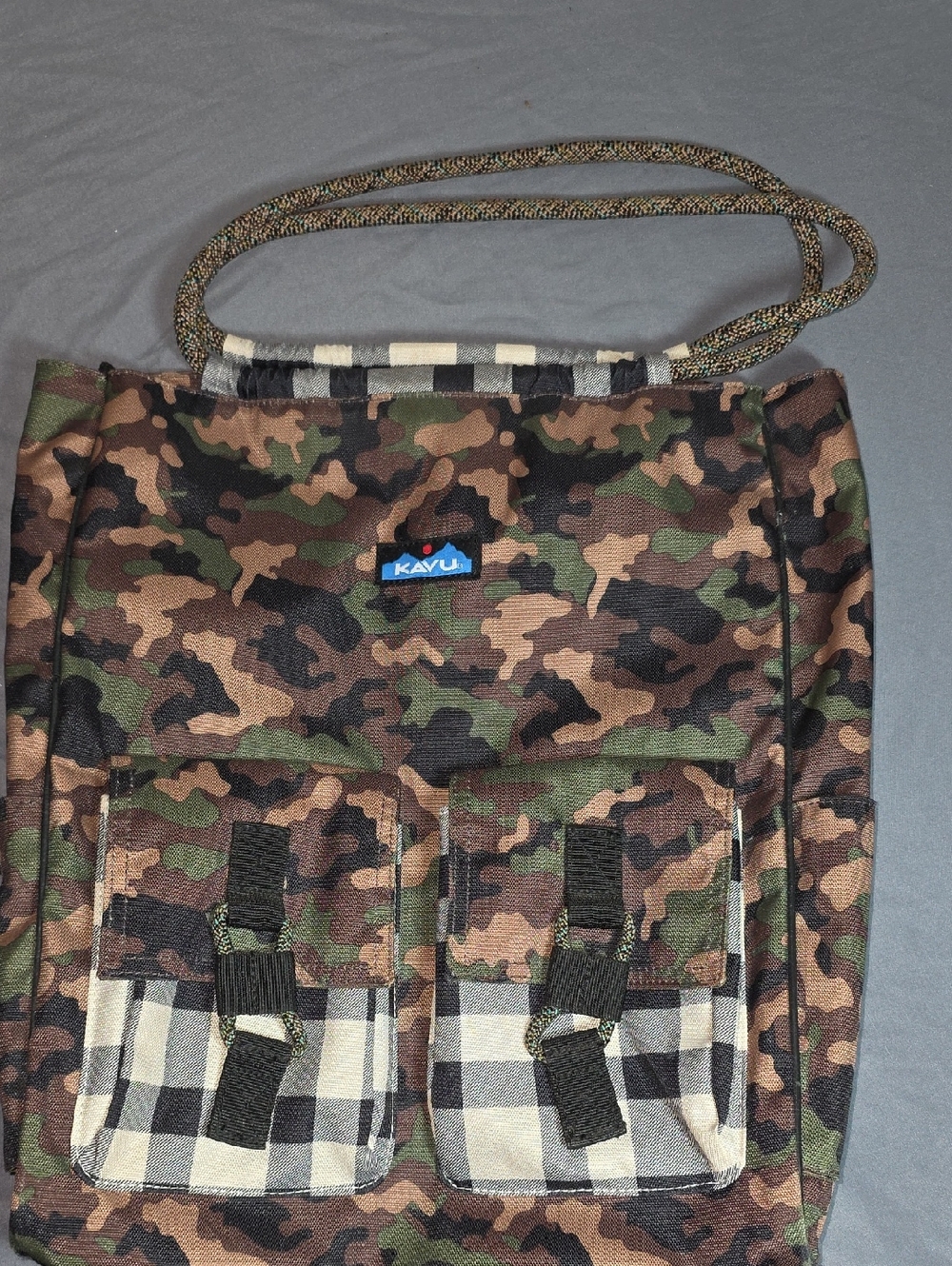 Kavu Camo Canvas Messenger Bag with Check Accent